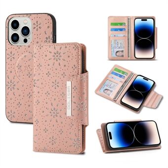 För iPhone 14 Pro Glitter Flower Design Löstagbart telefonplånboksfodral PU Läder+TPU Stötsäkert skal