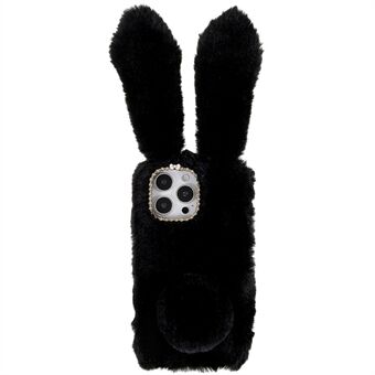 För iPhone 14 Pro Söta 3D Bunny Ears Furry Winter Warm Case Anti-fall TPU Skyddstelefonskydd med glitter Rhinestone Bowknot
