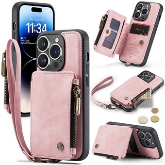 CASEME C20 Series för iPhone 14 Pro Kortplatshållare Telefonfodral PU Läder Dragkedja Handväska Plånbok Kickstandsskydd med rem