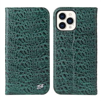 Anti-fall telefonfodral för iPhone 14 Pro, översta lager kohud Läder Krokodil Texture Mobiltelefon plånboksfodral med vikbart Stand