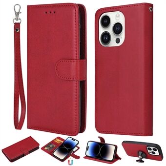 KT Leather Series-3 för iPhone 14 Pro Magnetisk löstagbar PU-läderfodral Stand Funktion Enfärgad plånbok Telefonfodral med rem
