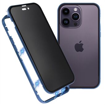 För iPhone 14 Pro Drop Resistant Anti-peep telefonfodral Metallram + dubbelsidigt hybridskydd av härdat glas med magnetisk stängning