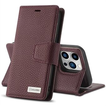 DOLISMA för iPhone 14 Pro Litchi Texture Vikbart Stand PU-läder plånboksfodral Magnetisk avtagbar telefon Stötsäkert fodral