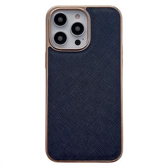 För iPhone 14 Pro Cross Texture Äkta läderbelagd TPU skyddsfodral Elegant nanogalvaniserad telefonbaksida