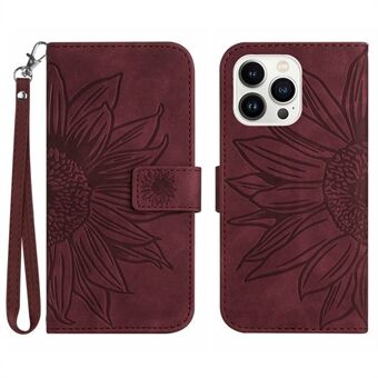 Flip-telefonfodral för iPhone 14 Pro, HT04-märkt Sunflower Handsfree- Stand PU-läder Magnetiskt plånboksfodral med hudkontakt med rem