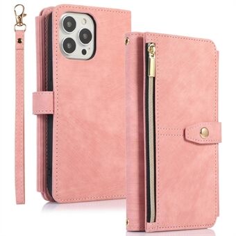 För iPhone 14 Pro Zipper Pocket Folio PU-läderfodral Magnetstängning Flera kortplatser Stand Flip Wallet Cover