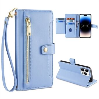 För iPhone 14 Pro Textured PU Leather Multiple Card Slots Stand Cover Zipper Pocket Flip Wallet Telefonfodral med handledsrem och axelrem