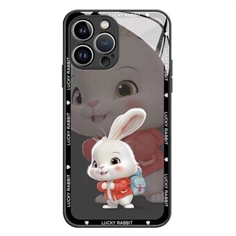 Anti-fall härdat glas + TPU telefonfodral för iPhone 14 Pro, jacka ryggsäck kaninmönster Stötsäker mobiltelefon bakskal