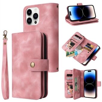 Multifunktionellt telefonfodral i läder för iPhone 14 Pro Stand Zipper Pocket Telefonplånboksfodral med remmar