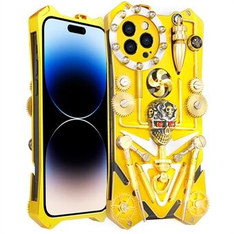 Armour Metal Phone Cover för iPhone 14 Pro , Mechanical Gear Handgjord Skull Dropproof Phone Case - Guld