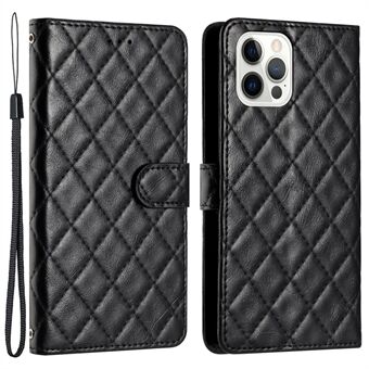 För iPhone 14 Pro Stötsäker plånbokstelefon Skalskydd Stand Stitch Line Rhombus Texture Telefonfodral