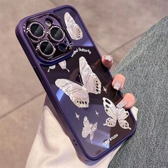 För iPhone 14 Pro Glittery Powder Decor Shell Platinum Butterfly Glass+TPU-fodral Telefonskydd