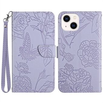 Imprinting Butterfly Flowers telefonfodral för iPhone 14 Plus , PU- Stand Plånbok Skyddsfodral med praktisk rem