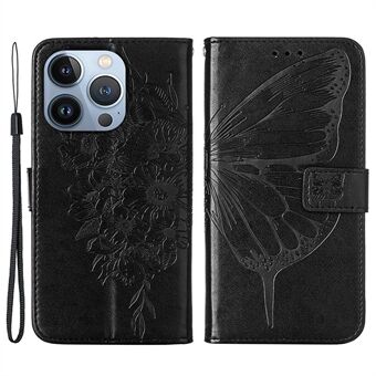 YB Imprinting Flower Series-4 för iPhone 14 Plus  Butterfly Flower Imprinted PU- Stand med plånboksställ