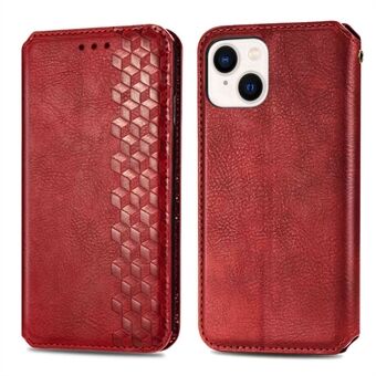 Stötsäkert Rhombus Imprinting Phone Cover för iPhone 14 Plus , automatiskt absorberat magnetiskt Stand plånbok PU läderfodral Shell