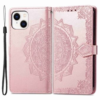För iPhone 14 Plus  Stötsäkert plånboksfodral i PU-läder Präglat Mandalamönster Stand Magnetiskt skyddsfodral med rem