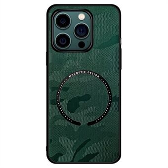 För iPhone 14 Plus Magnetisk trådlös laddning Skyddsfodral Läder + PC + TPU Camouflage Telefonfodral med inbyggd metallplåt