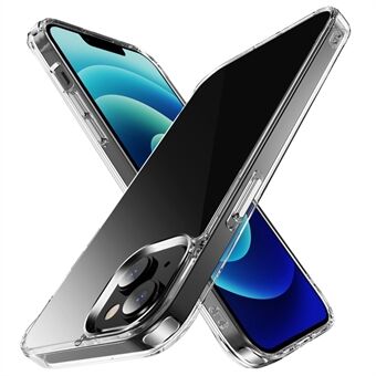 För iPhone 14 Plus Kristallklart TPU + PC-telefonfodral Stötsäkert hörnskydd med metallgalvaniseringsknapp
