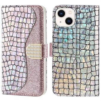 För iPhone 14 Plus Sparkly Glitter Splicing Stand Anti-fall Cover Krokodil Texture Scratch PU-läder plånboksskal