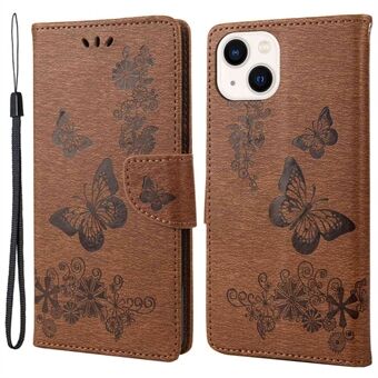 För iPhone 14 Plus Dammtätt telefonfodral PU-läder Big fjärilar Blommönstrat plånboksfodral med rem