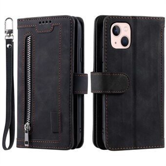 För iPhone 14 Plus Zipper Pocket Design 9 kortplatser Stötsäkert PU-läderfodral Magnetstängning Stand Plånboksfodral med rem