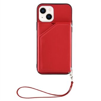 YB Leather Coating Series-2 för iPhone 14 Plus Kickstand Card Slots Design Anti-dropp-fodral Skin-touch PU-läderbelagd TPU-baksida med rem