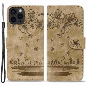 För iPhone 14 Plus Stand Plånbok Läderfodral Cherry Blossom Cat Imprinted Magnetic Clasp Telefonfodral med rem
