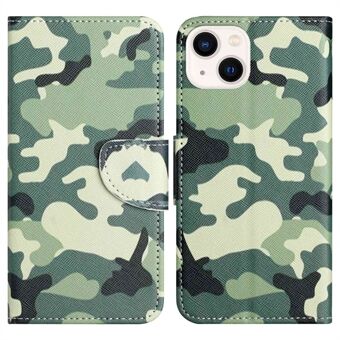 För iPhone 14 Plus Anti-slitagemönster tryckfodral Cross Texture PU-läderplånbok Skyddsskal med Stand