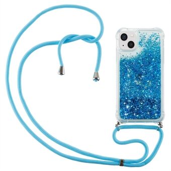 För iPhone 14 Plus Klart Quicksand Glitter Flödande vätskefodral Mjukt TPU hörnkudde bakstycke med lång halsband