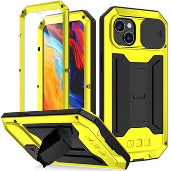 R-JUST för iPhone 14 Plus Skjutkameralock Stativ Design Telefonfodral Silikon + Metall + Härdat glas skärmfilm Skyddsfodral