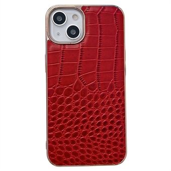 För iPhone 14 Plus Crocodile Texture Nano Electroplating Anti-slitageskydd äkta kohudsläderbelagd TPU+PC telefonfodral