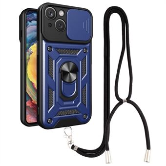 Anti-dropp telefonfodral Kickstand för iPhone 14 Plus, Anti- Scratch PC + TPU telefonskal Ring med skjutkameraskydd och rem