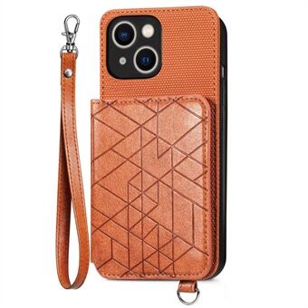 Stativfodral med rem för iPhone 14 Plus, geometripräglad plånbok Bilfäste Metallplåt Läderbelagd TPU-telefonfodral