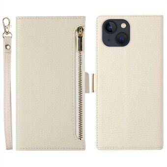 Litchi Texture telefonfodral för iPhone 14 Plus, blixtlåsficka Fullt skydd PU Läder Telefon Flip Cover Plånbok med rem