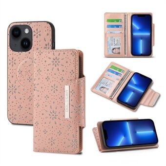 För iPhone 14 Plus bladpräglat glitterblommadesign Löstagbart telefonfodral PU-läder+TPU Dropsäkert skal med plånbok