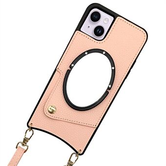 För iPhone 14 Plus Fish Tail Design PU Läderbelagd TPU Telefonfodral Spegel Funktion Korthållare Skal med axelrem
