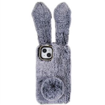 För iPhone 14 Plus Söta 3D-kaninöron Furry Vintervarmt fodral Bumpsäkert TPU-skyddande telefonfodral med glitter Rhinestone Bowknot