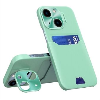 För iPhone 14 Plus Metalllinsram Kickstand Design Telefon Bakstycke PU Läder+PC Skyddsfodral med kortplats