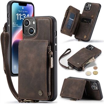 CASEME C20-serien för iPhone 14 Plus Blixtlås PU-läderplånbok Telefonfodral Kickstand Korthållare Magnetisk skyddsfodral med rem