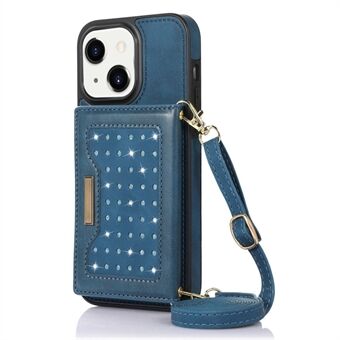 Rhinestone Decor Plånbok Telefonskydd för iPhone 14 Plus, PU-läderbelagd TPU Kickstand-fodral med RFID-blockerande funktion och axelrem