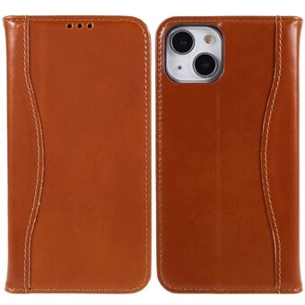 FIERRE SHANN Full Protection Case för iPhone 14 Plus, magnetiskt Stand topplager av kohud Läder, vikbart fodral med plånbok
