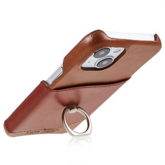 FIERRE SHANN För iPhone 14 Plus Ring Kickstand Skyddsfodral Äkta läder+PU-läder+PC Anti-drop telefonbaksida med kortplats
