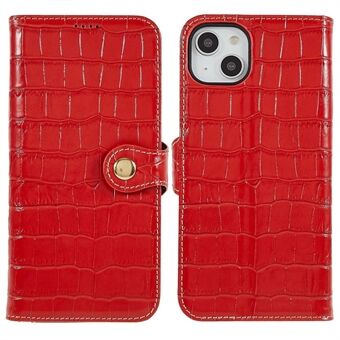 För iPhone 14 Plus äkta kohudsläder Anti-dropp telefonfodral Crocodile Texture Stand Fullt skydd Flip Plånboksfodral