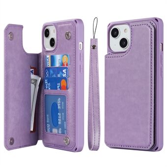För iPhone 14 Plus -kortplatser Design Stativ PU-läderbelagd TPU-telefonfodral Anti-kollision plånboksfodral med rem