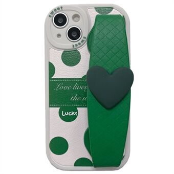 För iPhone 14 Plus Stötsäkert gröna prickmönster PU-läderbelagd TPU telefonfodral Baksida med Love Heart Armband