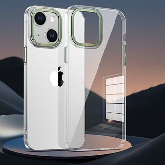 För iPhone 14 Plus Fallsäker Transparent PC-hårt bakstycke med metallknappar och galvaniserat kameralinsskydd