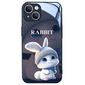 För iPhone 14 Plus bakskal, tecknad kanin med stickad mössa Bumpsäkert härdat glas+TPU telefonskyddsfodral