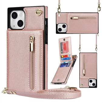 Kickstand telefonfodral för iPhone 14 Plus läderbelagd TPU dragkedja plånboksfodral med axelrem