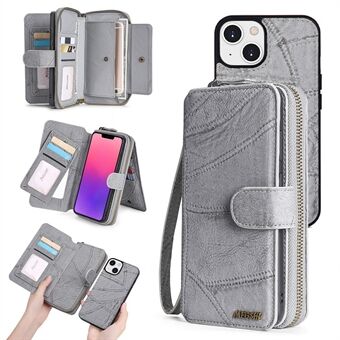 MEGSHI 004-serien avtagbart plånboksfodral med dragkedja för iPhone 14 Plus Stand Lädertelefonfodral med spegel