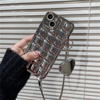 Galvaniserad telefonfodral för iPhone 14 Plus TPU-fodral i pläddesign med hjärtformad spegel och kedja